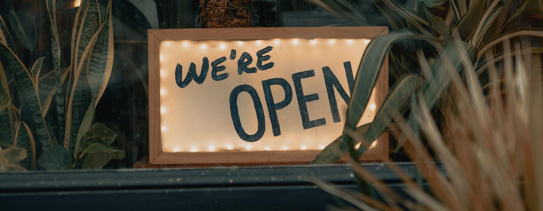 We're Open sign on a window ledge, surrounded by plants